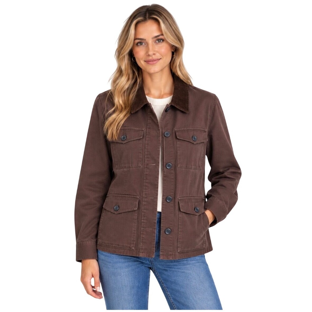 Talbots Brown Cotton Blend Utility Barn Jacket Coat Corduroy Collar Size 12